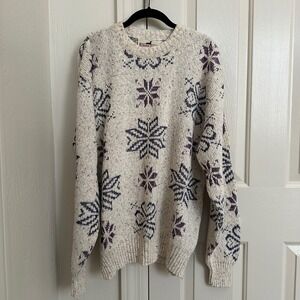 Vtg Winona Knits 100% Cotton Snowflake Sweater | Made USA Cream Confetti Tweed L